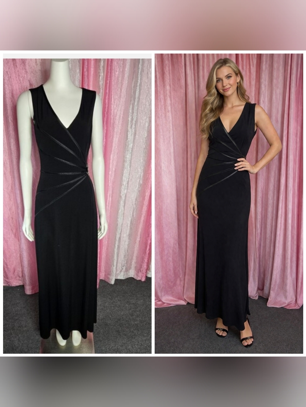 Connected Apparel Semi Formal Black Ruched Rhinestone Maxi Dress Size 6